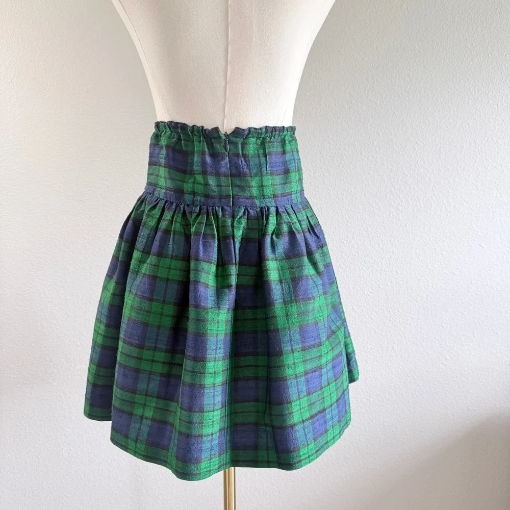 Kids Simi Vintage 100% Silk Plaid Pleated Mini Skirt Green Blue 90s Preppy Sz 10